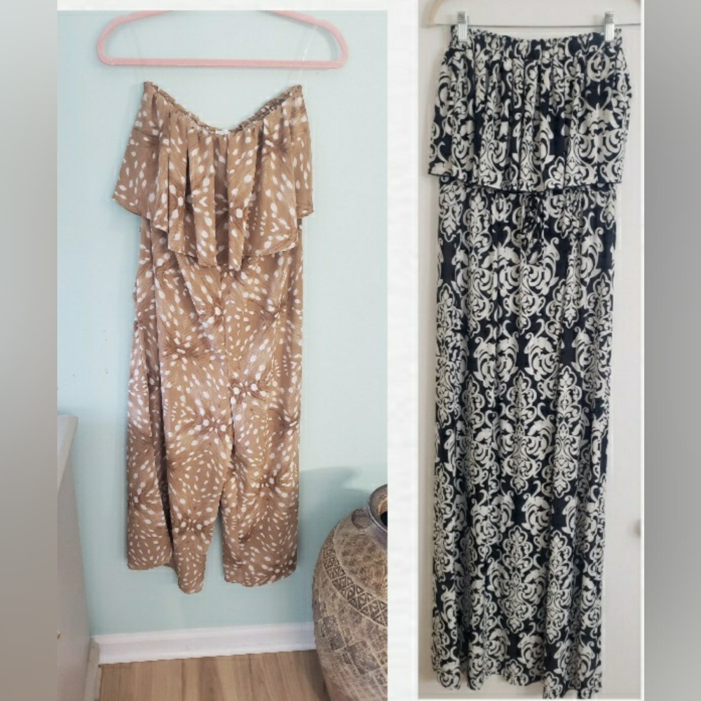 2 Pc Bundle Tan Romper Lg / Black & White Maxi Dress Lg Both Strapless Vacation